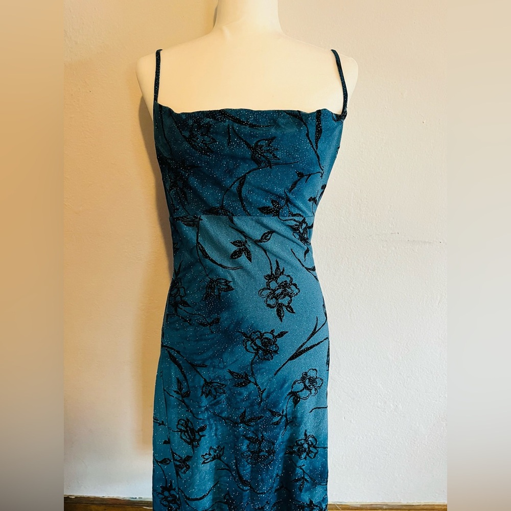 Vintage Hourglass Y2K Floral Glitter Spaghetti Strap Dress Medium Party Prom